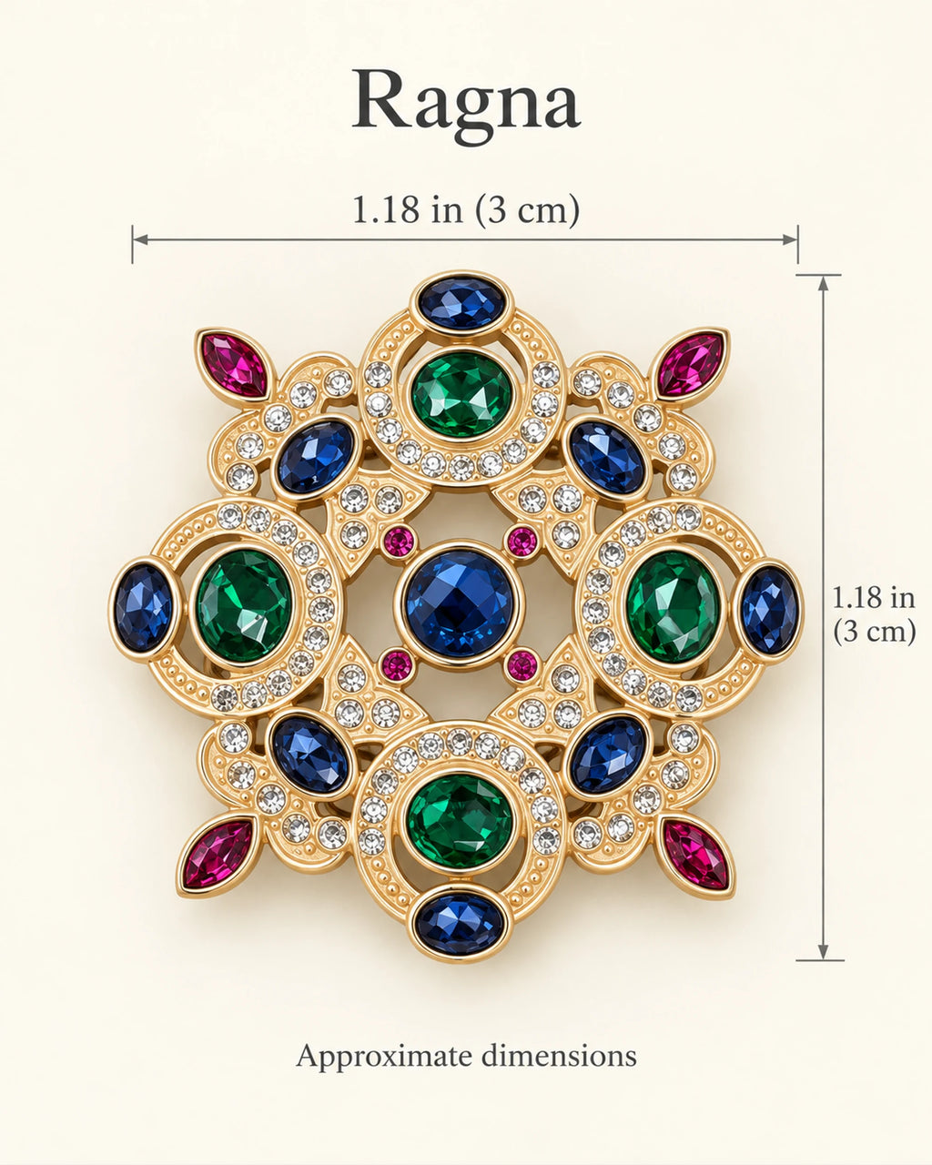 Ragna Multicolor Ornate Medallion Brooch — approximate width and height guide
