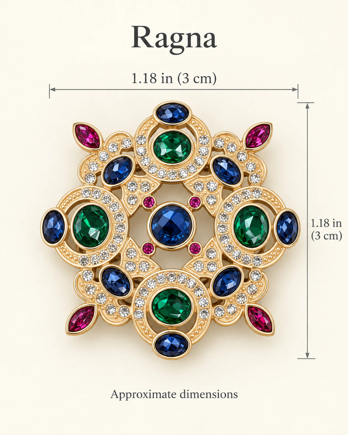 Ragna Multicolor Ornate Medallion Brooch — approximate width and height guide