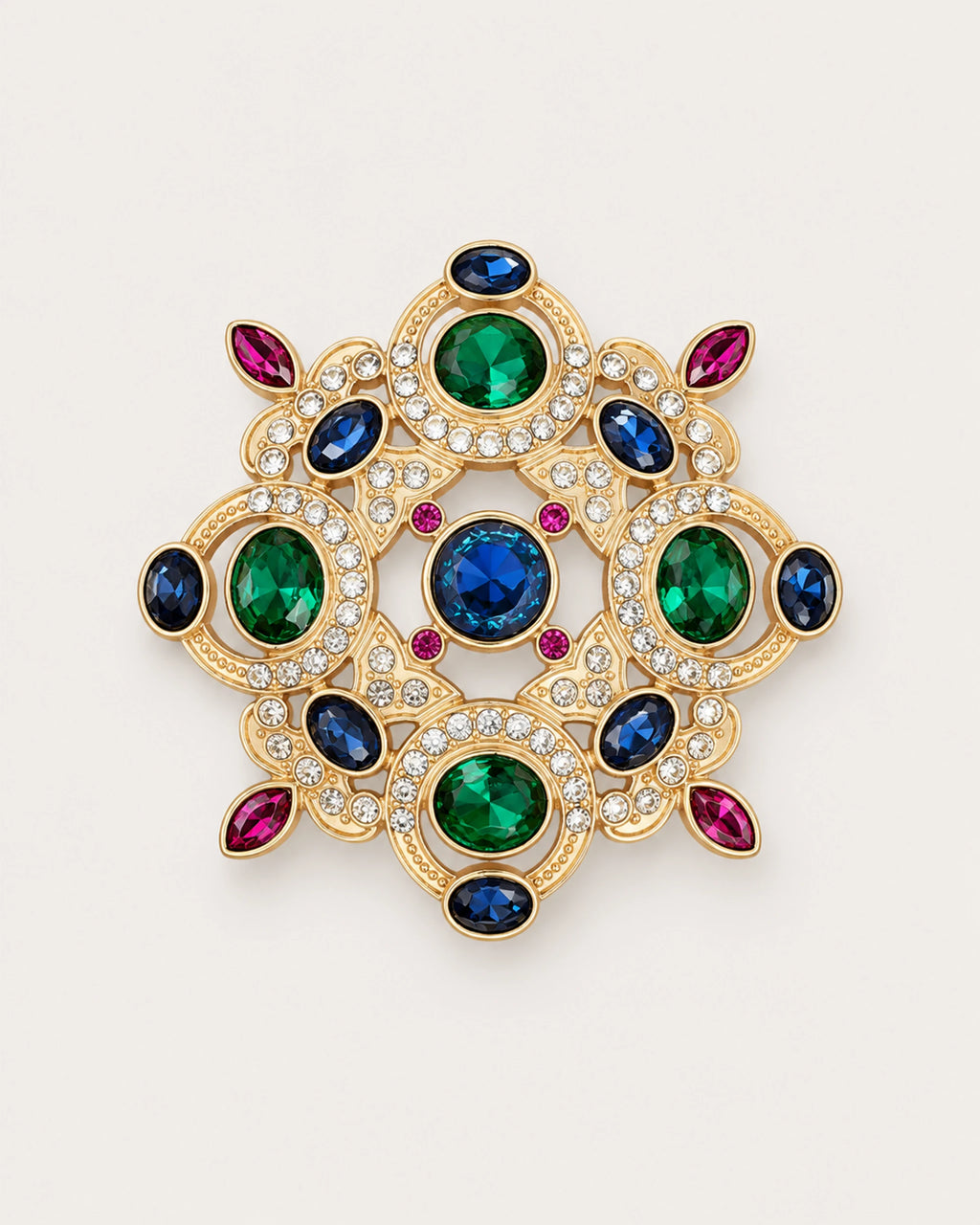 Ragna Multicolor Ornate Medallion Brooch in gold tone, blue, green & magenta, front product view