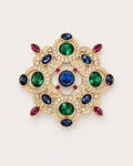 Ragna Multicolor Ornate Medallion Brooch in gold tone, blue, green & magenta, front product view