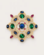 Ragna Multicolor Ornate Medallion Brooch in gold tone, blue, green & magenta, front product view
