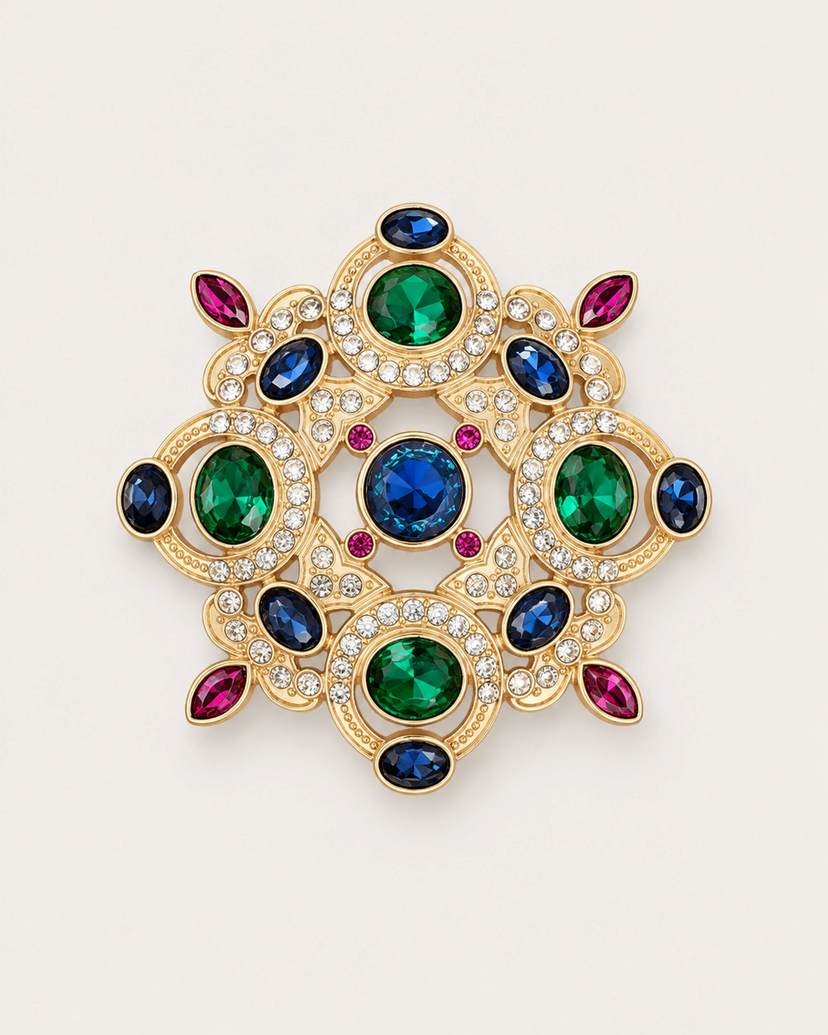 Ragna Multicolor Ornate Medallion Brooch in gold tone, blue, green & magenta, front product view