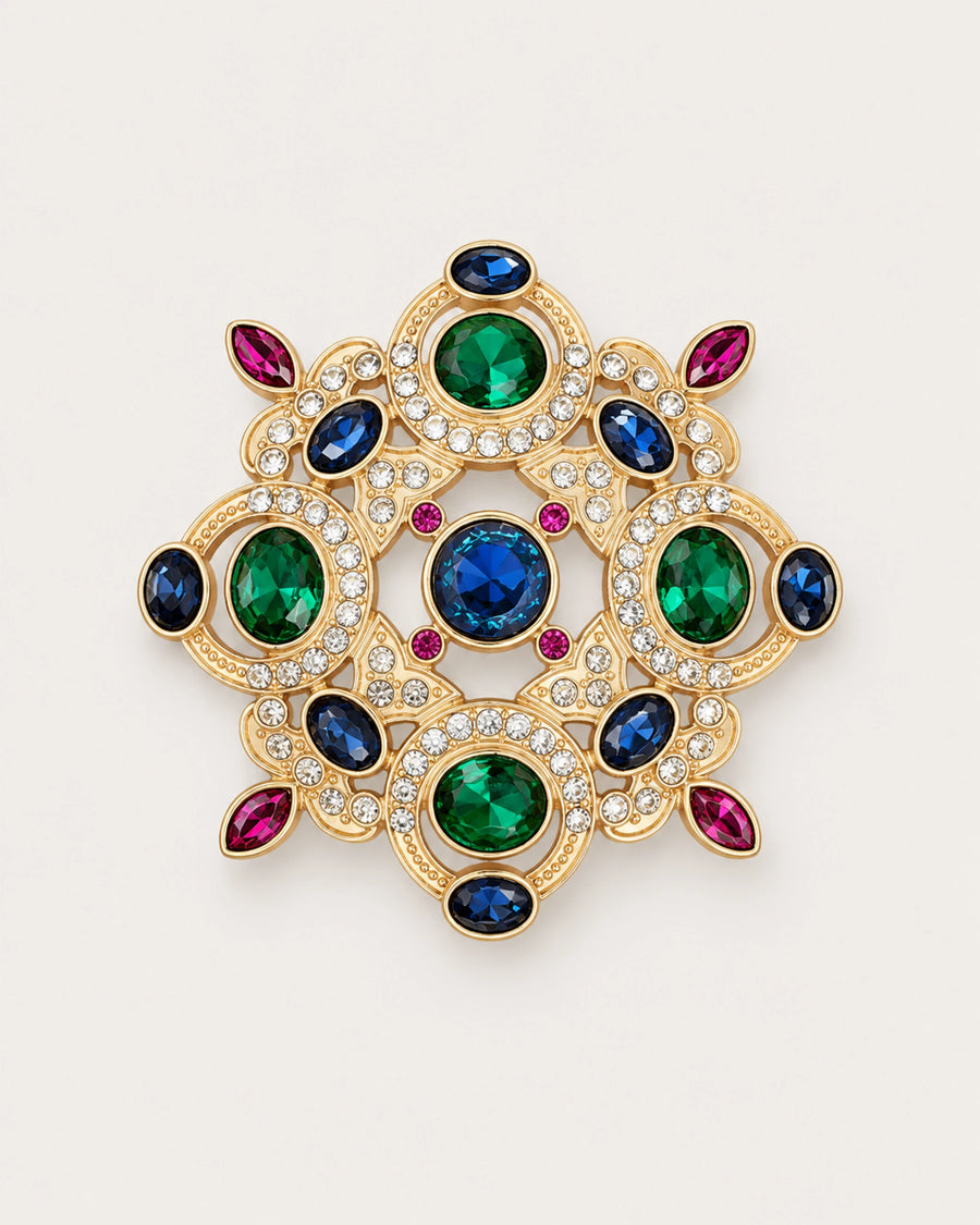 Ragna Multicolor Ornate Medallion Brooch in gold tone, blue, green & magenta, front product view