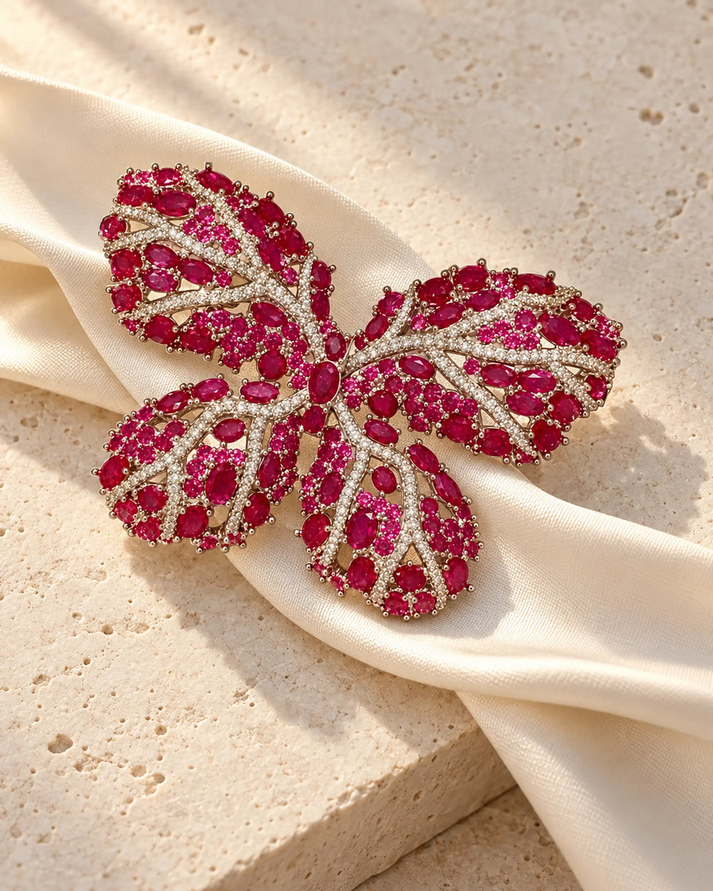 Raisa butterfly brooch on pale stone with an ivory silk ribbon