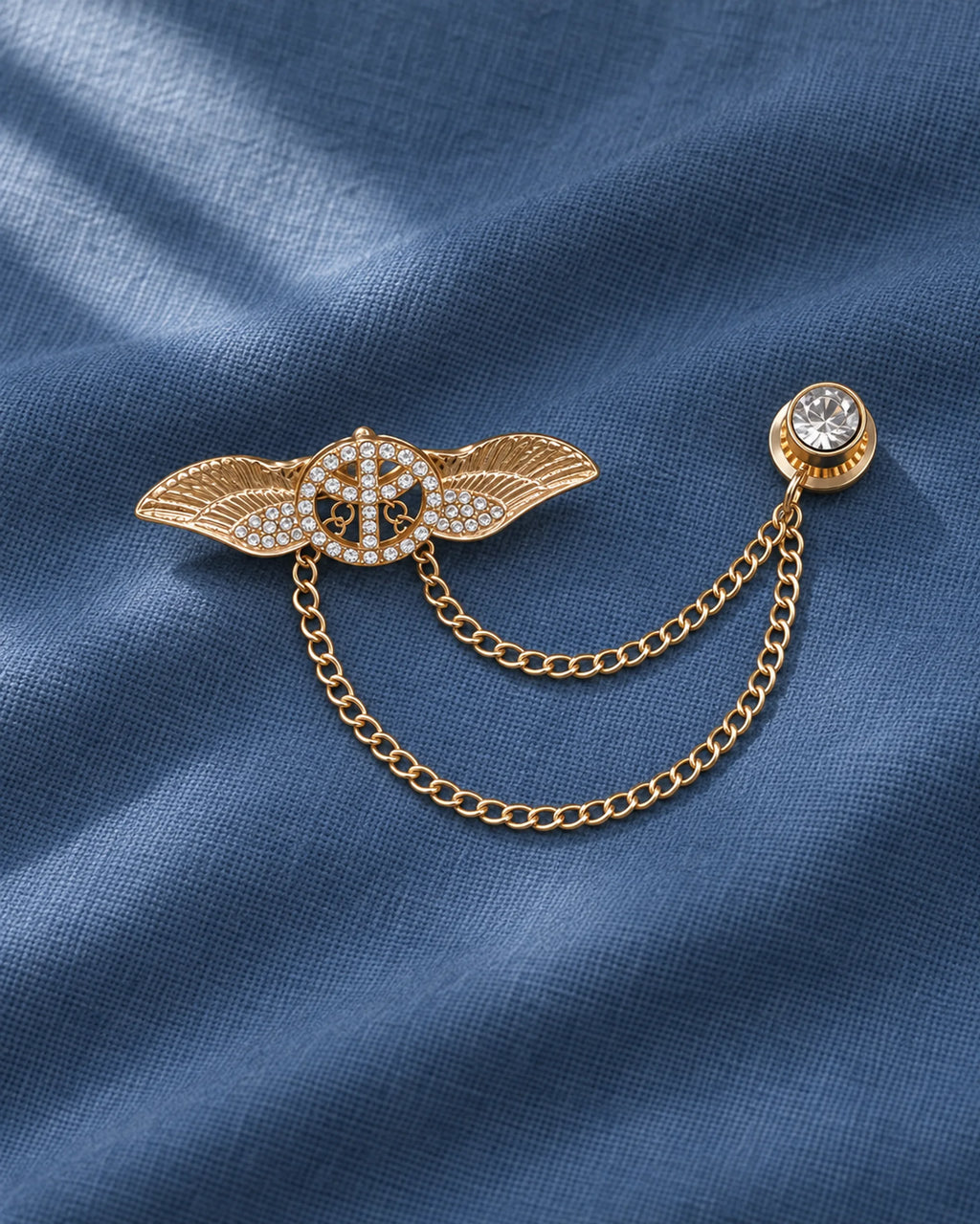 Rauha Winged Circle Lapel Chain Brooch in gold-tone finish — product still life