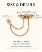 Rauha Winged Circle Lapel Chain Brooch in gold-tone finish — verified dimensions guide