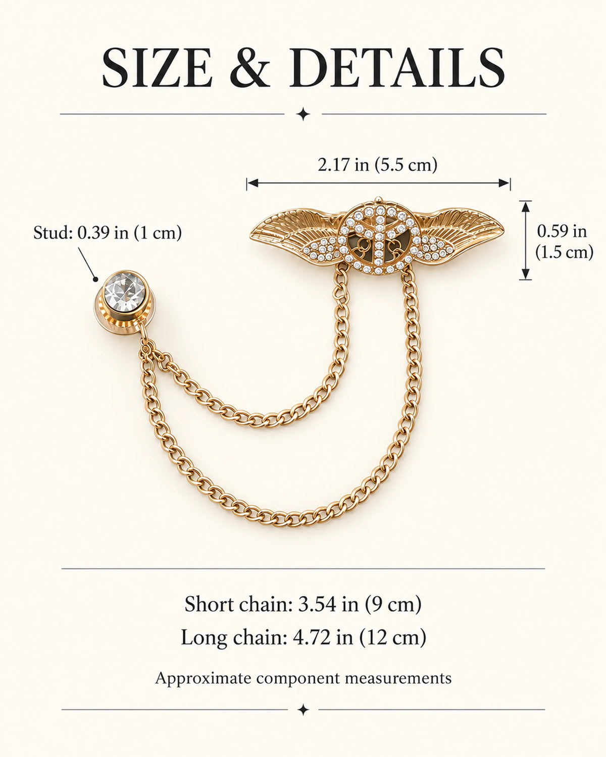 Rauha Winged Circle Lapel Chain Brooch in gold-tone finish — verified dimensions guide