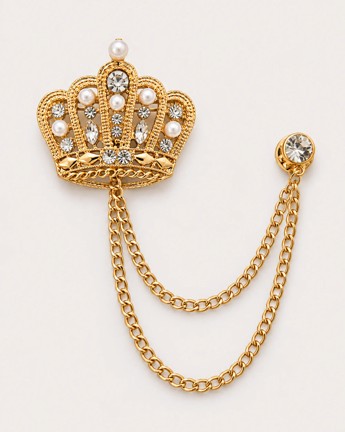 Regna Crown Lapel Chain Brooch in gold-tone finish; complete front view