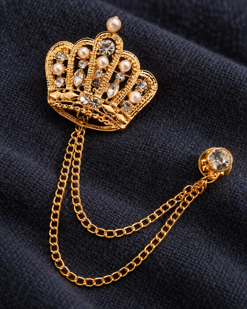 Regna Crown Lapel Chain Brooch in gold-tone finish; detail of the motif and chain connections