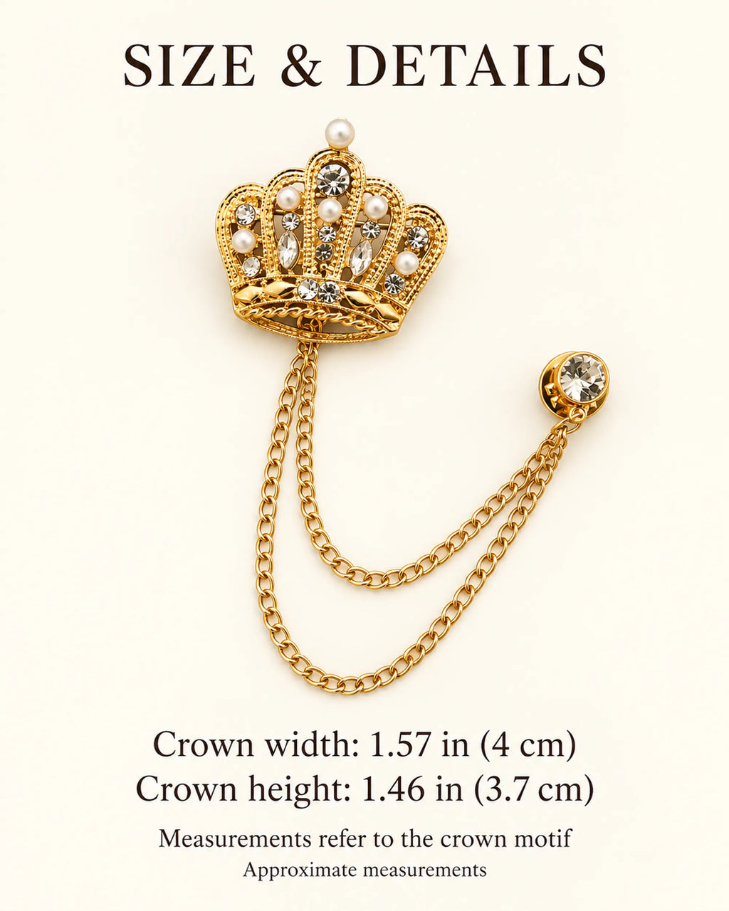 Regna Crown Lapel Chain Brooch in gold-tone finish; main motif dimensions, excluding chain length