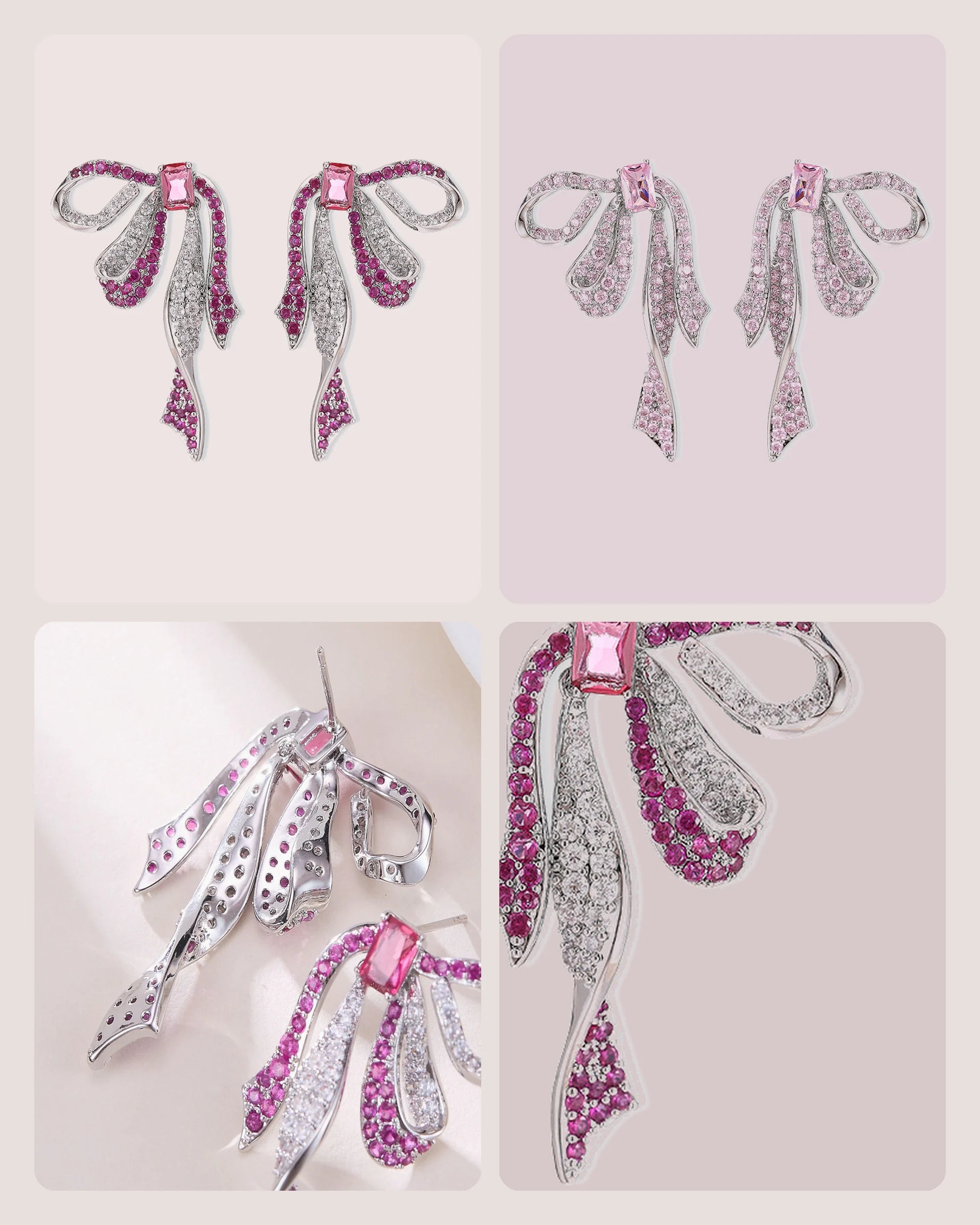 Four detail views of the Runa earrings showing both colours, front stones, back and silver post