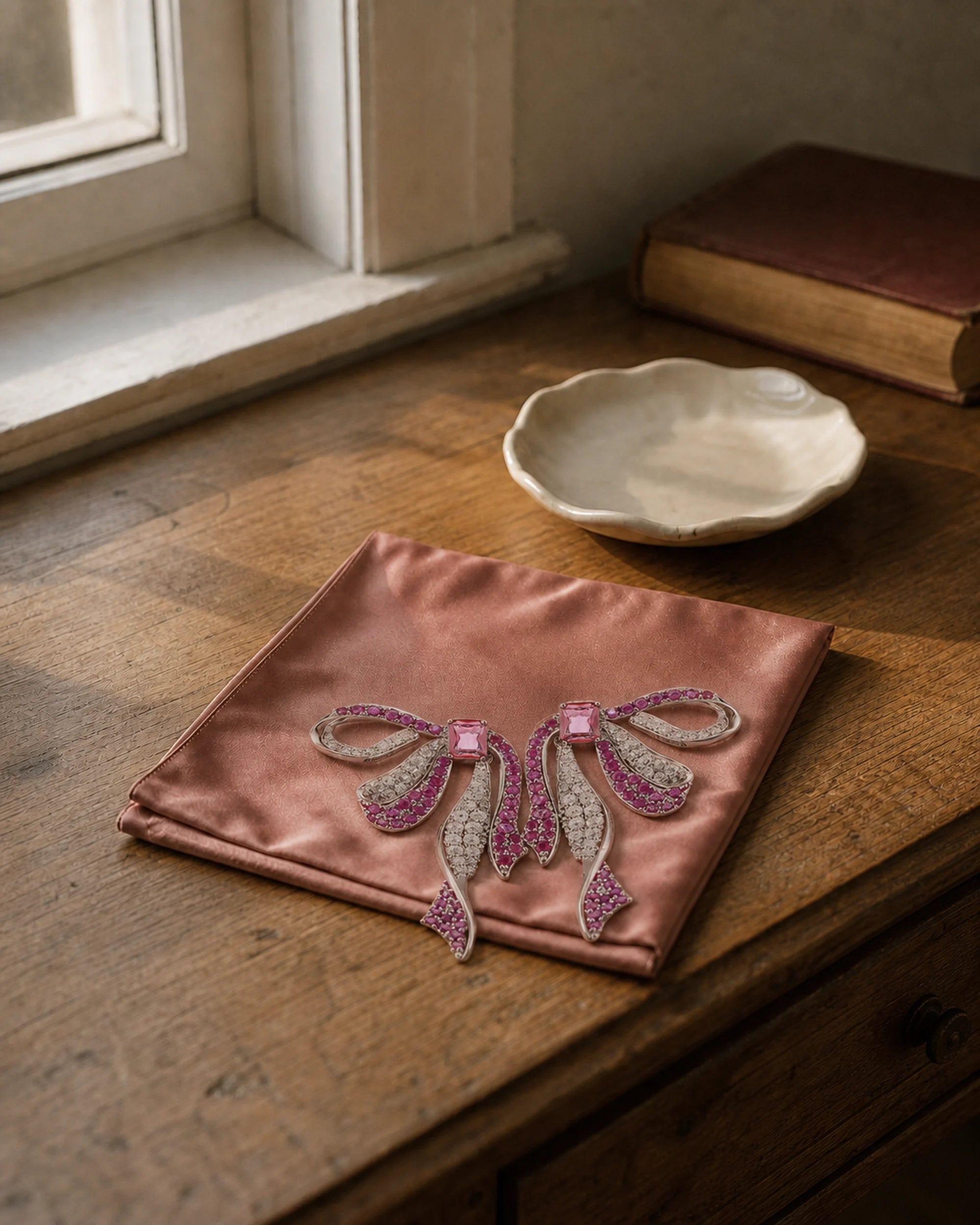 Pair of Runa Ribbon Bow Drop Earrings arranged on dusty-rose silk by a window