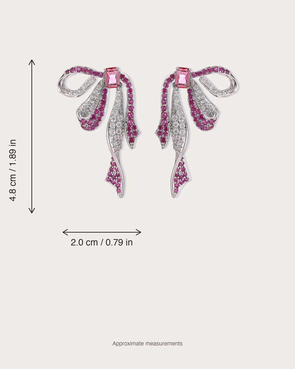 Runa Ribbon Bow Drop Earrings size guide showing 4.8 cm height and 2.0 cm width