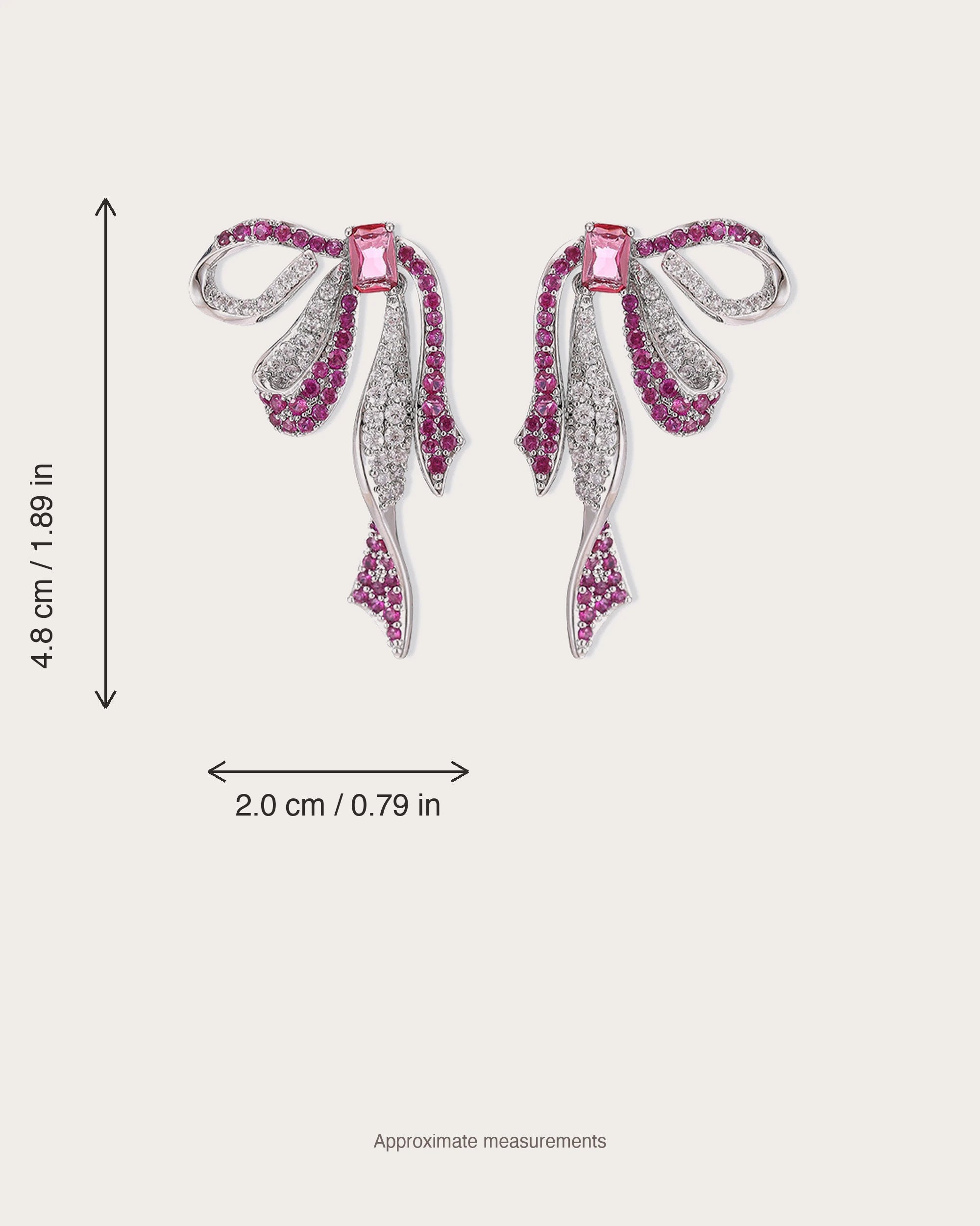 Runa Ribbon Bow Drop Earrings size guide showing 4.8 cm height and 2.0 cm width