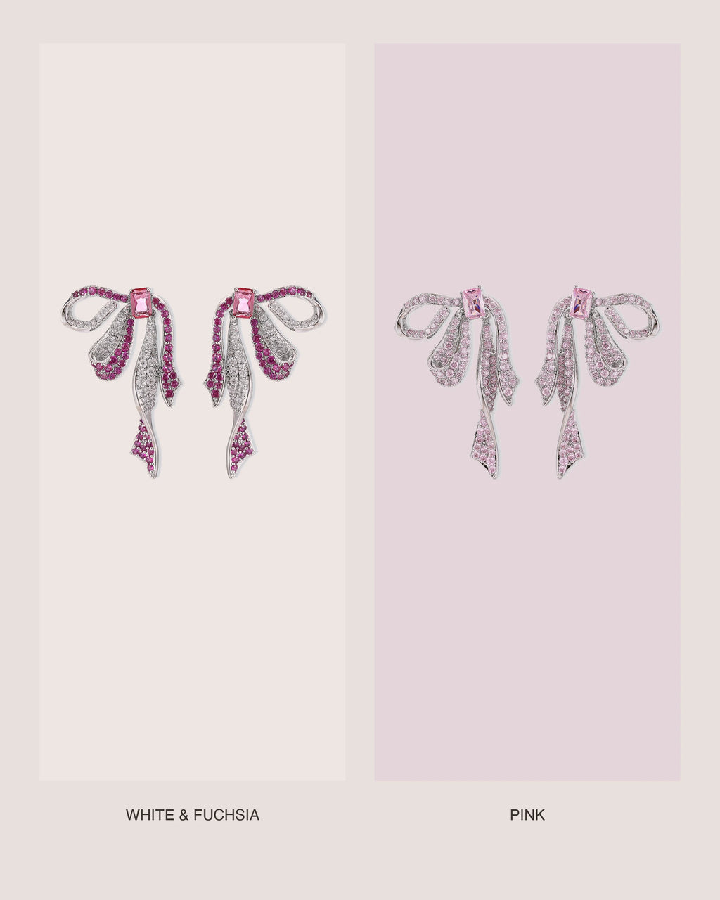 Runa Ribbon Bow Drop Earrings shown in White & Fuchsia and Pink colourways