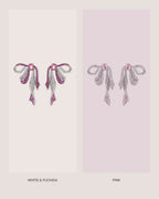 Runa Ribbon Bow Drop Earrings shown in White & Fuchsia and Pink colourways