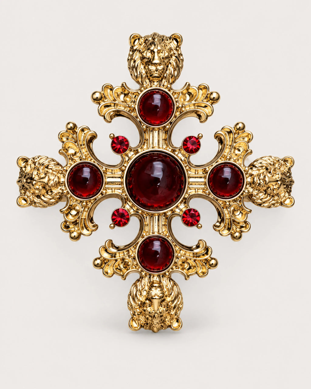 Rurik Red Lion Cross Brooch in gold tone & deep red, front product view
