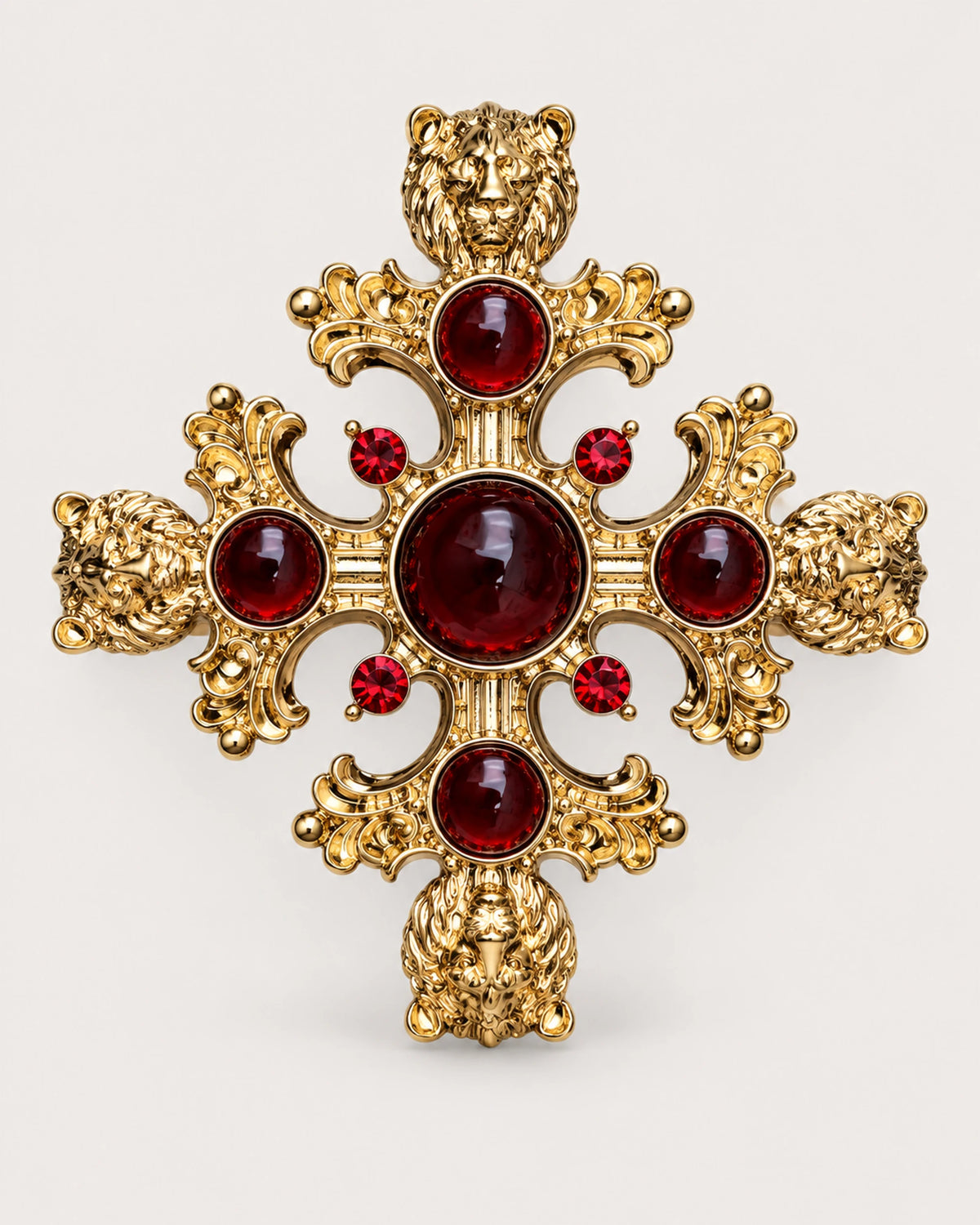 Rurik Red Lion Cross Brooch in gold tone & deep red, front product view