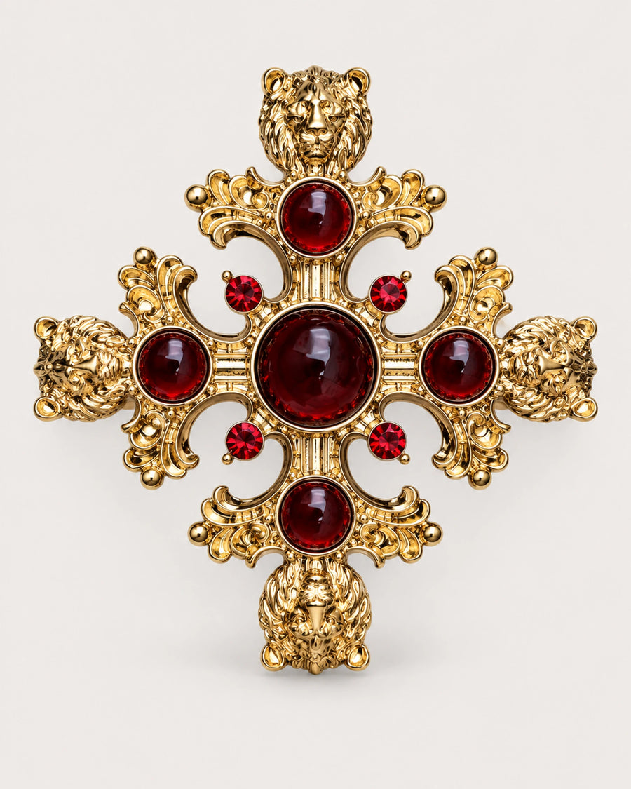 Rurik Red Lion Cross Brooch in gold tone & deep red, front product view