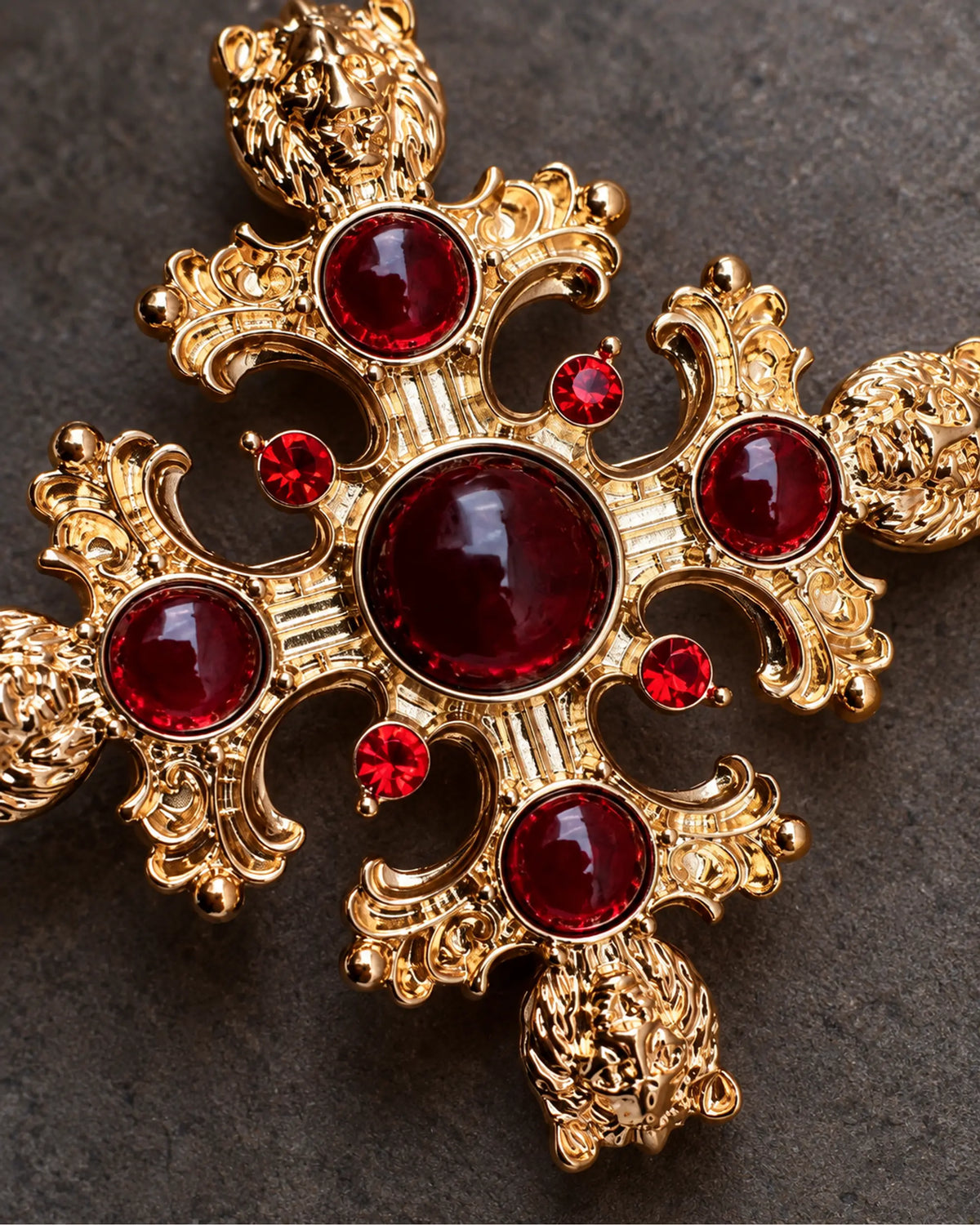 Rurik Red Lion Cross Brooch — raised ornament and surface details, macro view