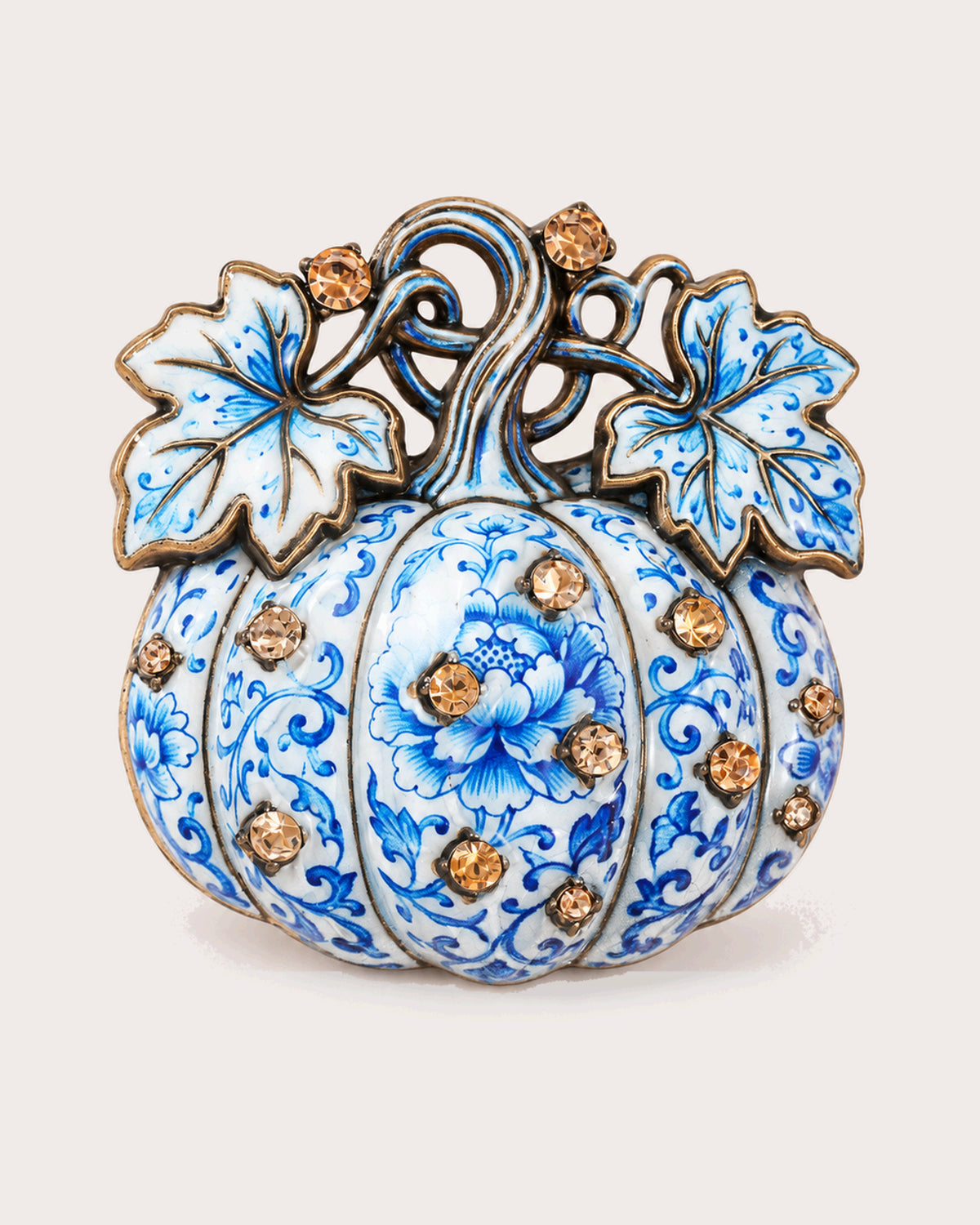 Ruska Patterned Pumpkin Brooch in Blue & White, front view