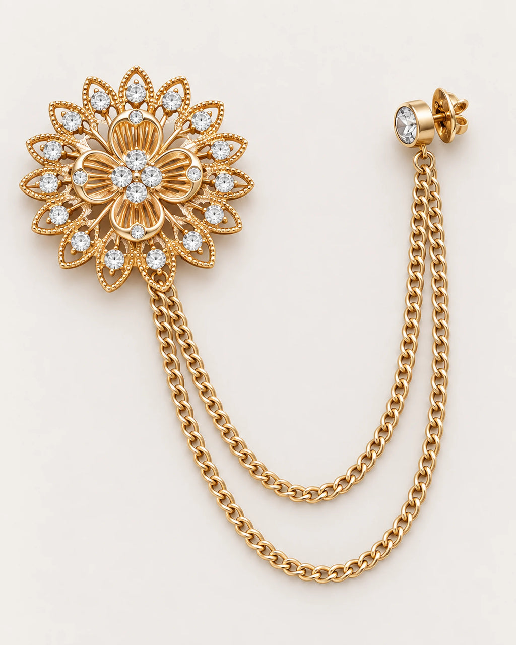 Ruusuke Filigree Flower Lapel Chain Brooch in gold-tone finish; complete front view