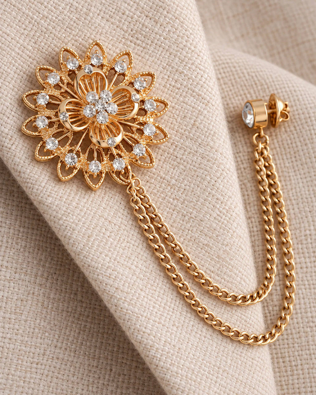 Ruusuke Filigree Flower Lapel Chain Brooch in gold-tone finish; motif and chain detail