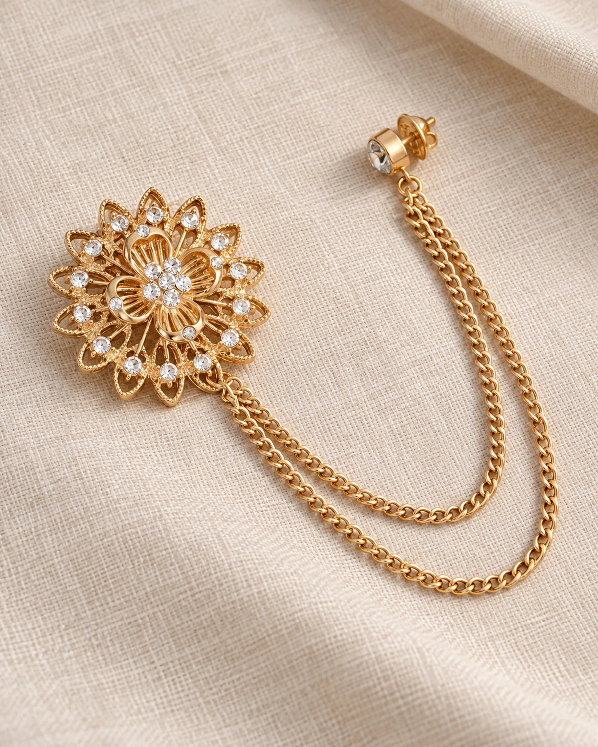 Ruusuke Filigree Flower Lapel Chain Brooch in gold-tone finish; complete still-life drape