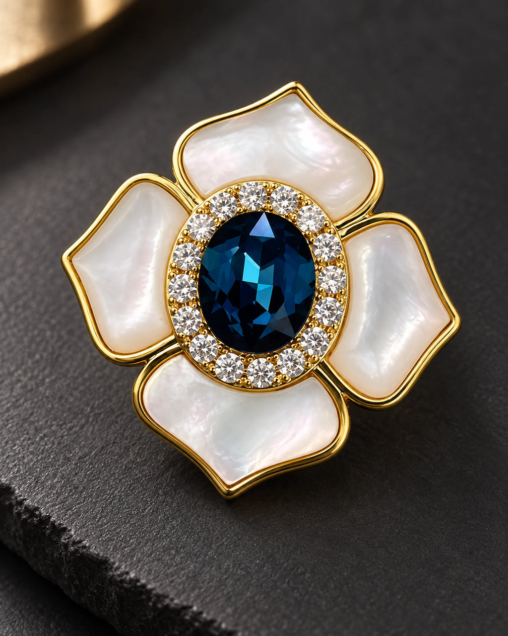 Saila Blue Shell Flower Magnetic Brooch, Gold & Midnight Blue, detail close-up