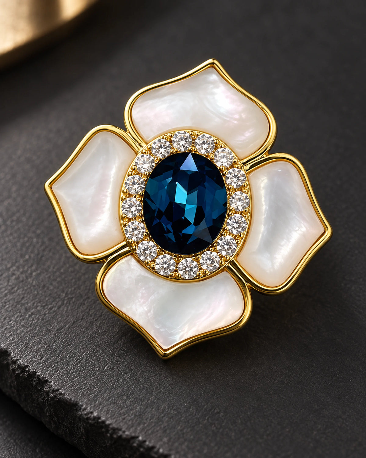 Saila Blue Shell Flower Magnetic Brooch, Gold & Midnight Blue, detail close-up