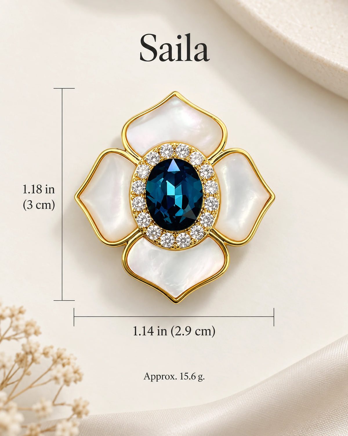 Saila Blue Shell Flower Magnetic Brooch size guide: 2.9 cm wide, 3 cm high, 15.6 g