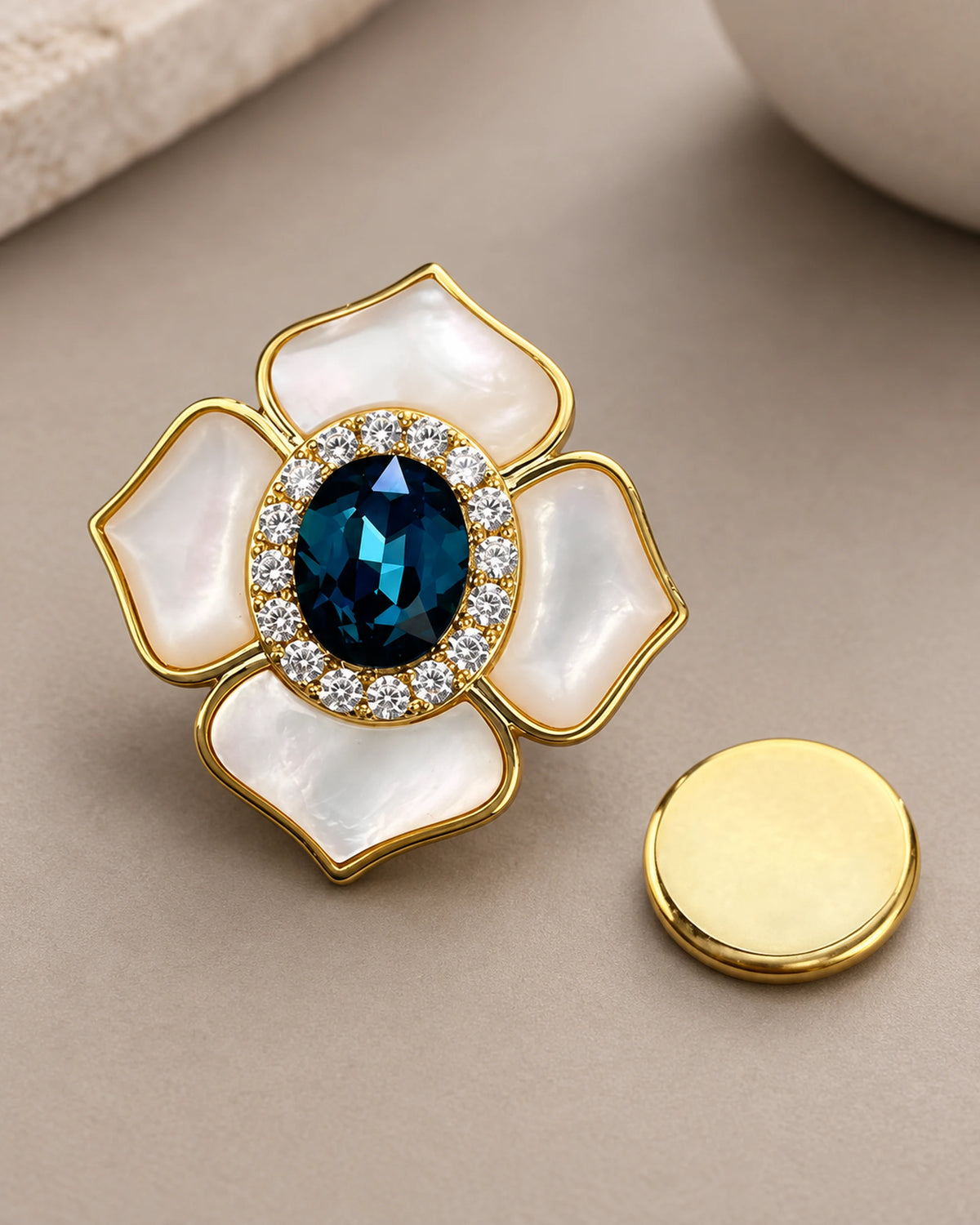 Saila Blue Shell Flower Magnetic Brooch, Gold & Midnight Blue with separate magnetic backing