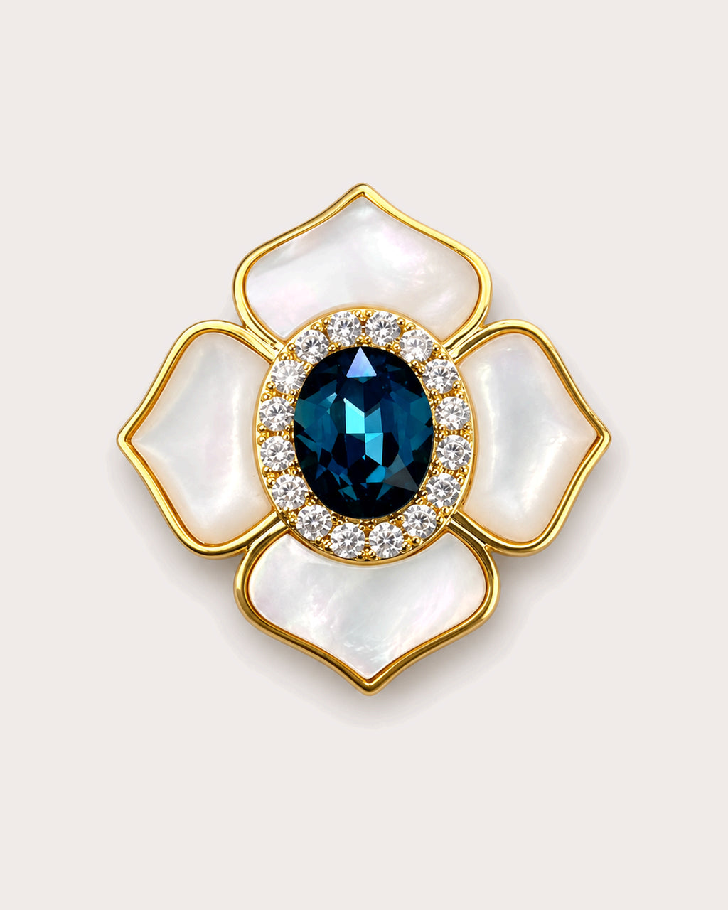 Saila Blue Shell Flower Magnetic Brooch, Gold & Midnight Blue, front product view