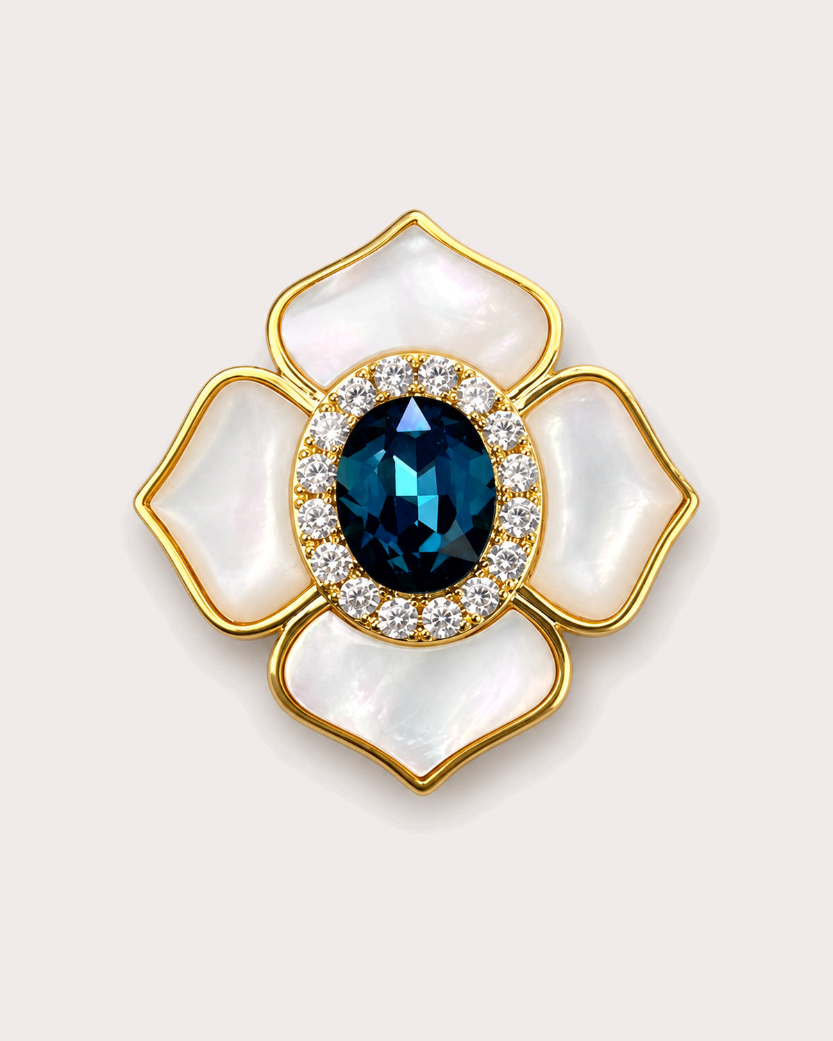 Saila Blue Shell Flower Magnetic Brooch, Gold & Midnight Blue, front product view