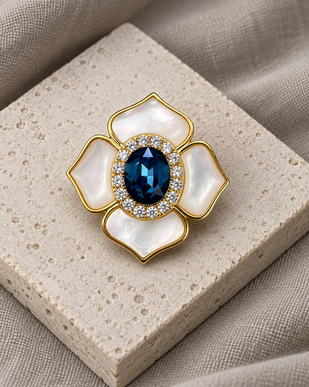 Saila Blue Shell Flower Magnetic Brooch, Gold & Midnight Blue, product still life