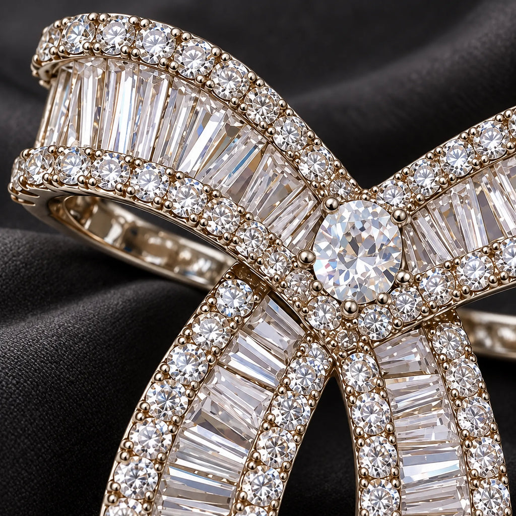 Baguette zircon rows meet round pavé borders around the oval centre.