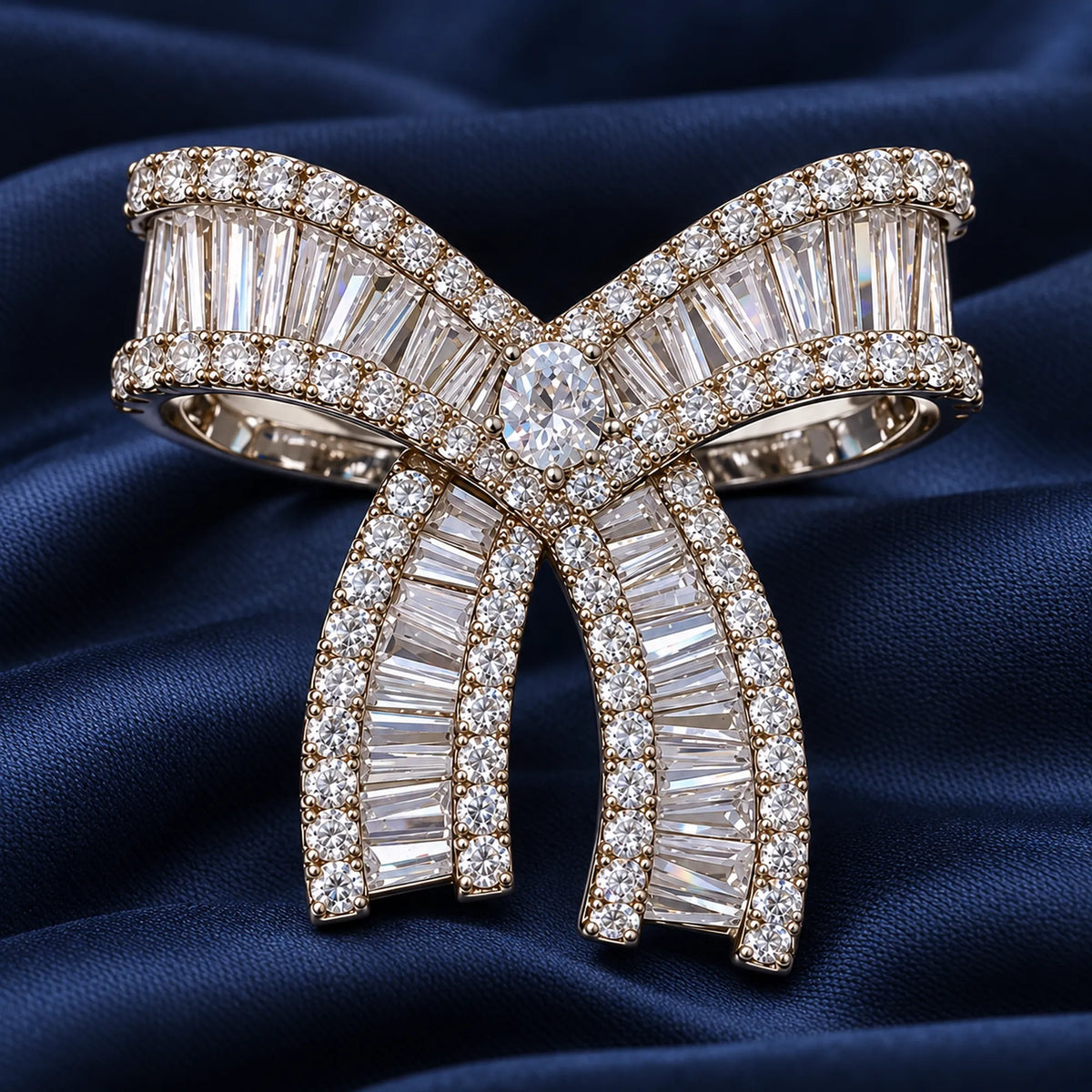 Salla Baguette Zircon Bow Brooch in an oblique front view showing raised settings and dimensional construction.