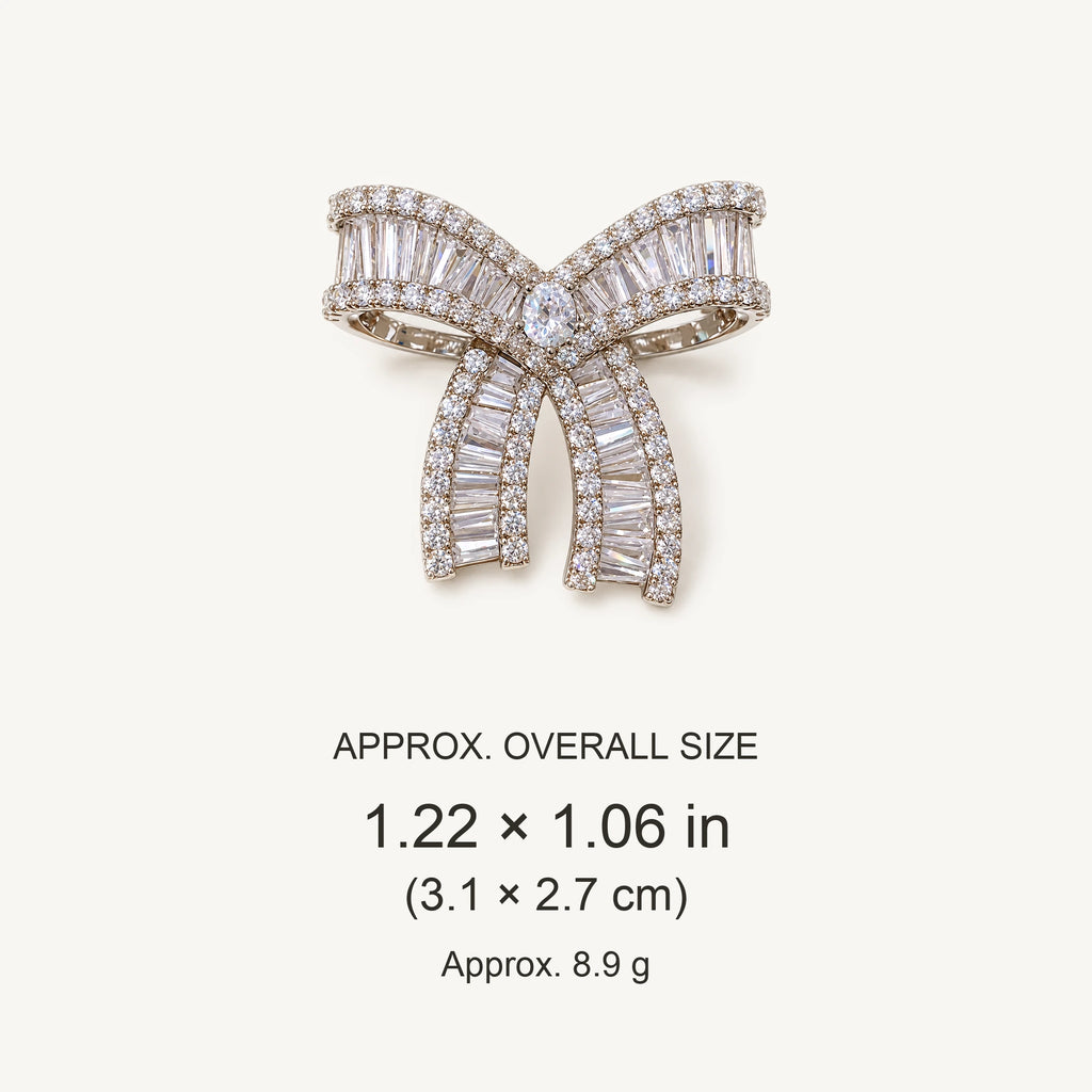 Salla Baguette Zircon Bow Brooch overall size: Approx. 1.22 × 1.06 in (3.1 × 2.7 cm); approximately 8.9 grams.