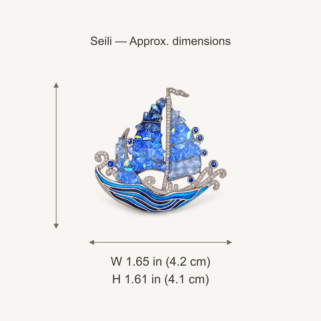 Seili Blue Sailboat Brooch approximate width 1.65 in (4.2 cm) and height 1.61 in (4.1 cm)