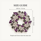 Size guide for the Purple and Green crystal leaf wreath brooch, 2.05 by 2.05 inches, 5.2 by 5.2 centimetres