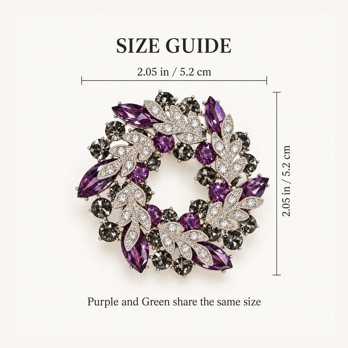Size guide for the Purple and Green crystal leaf wreath brooch, 2.05 by 2.05 inches, 5.2 by 5.2 centimetres