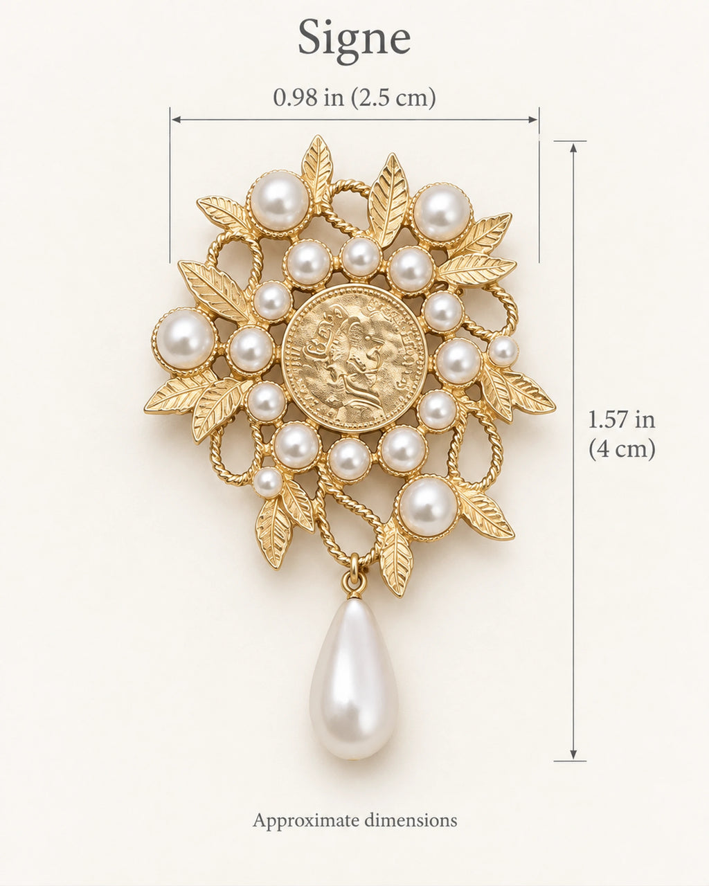 Signe Coin Medallion Drop Brooch — approximate width and height guide