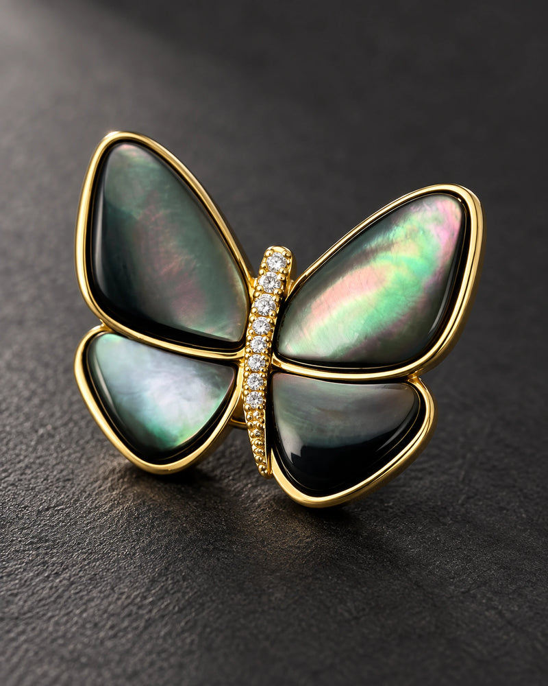 Siipi Shell Butterfly Magnetic Brooch, Gold & Black, detail close-up