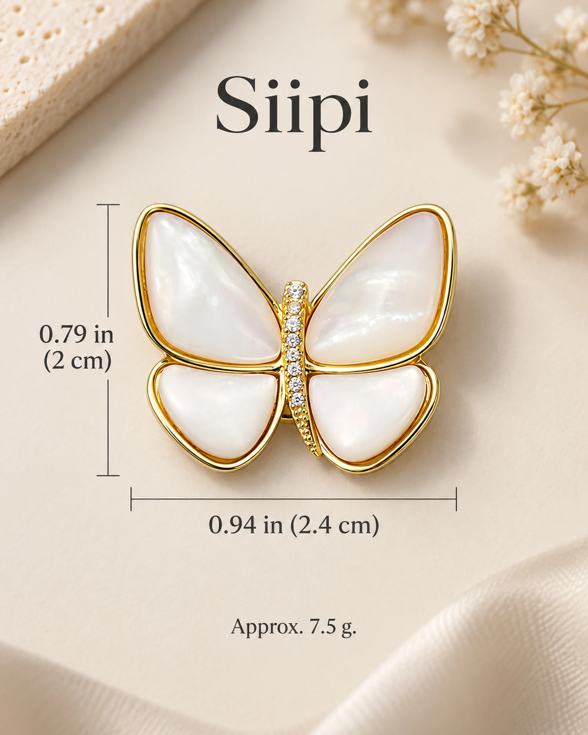 Siipi Shell Butterfly Magnetic Brooch size guide: 2.4 cm wide, 2 cm high, 7.5 g