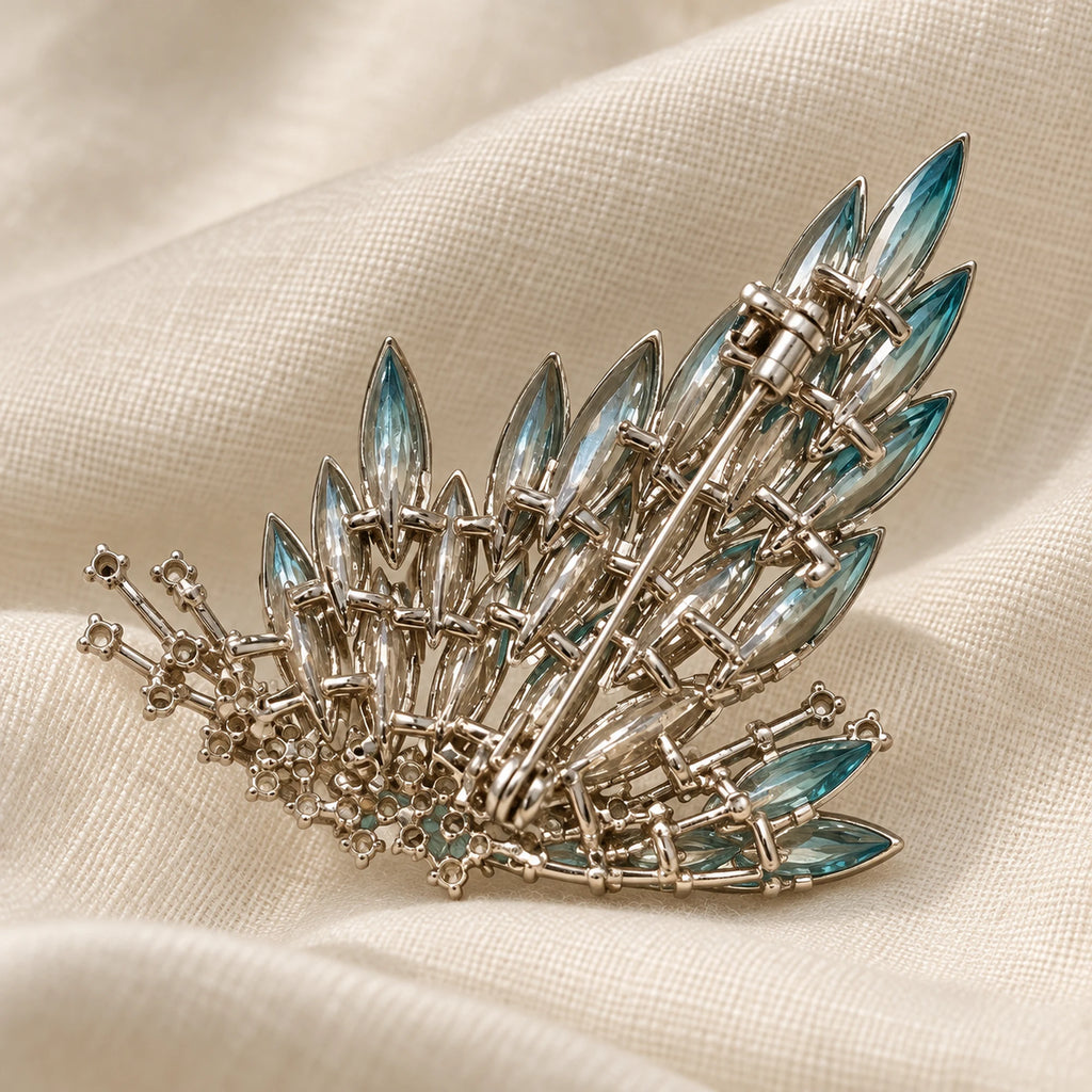 Rear view of Siiri Marquise Fan Butterfly Brooch showing the exact pin, catch and metal construction.