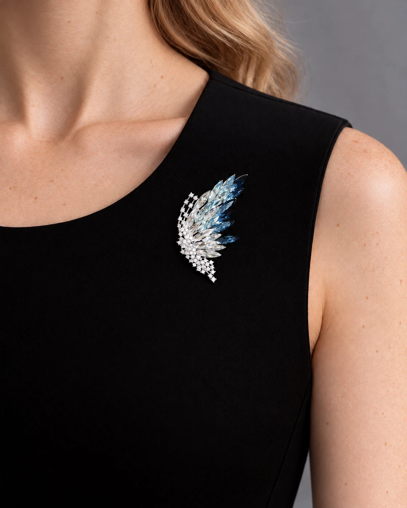 Close detail of Siiri Marquise Fan Butterfly Brooch showing the actual stone settings and layered construction.