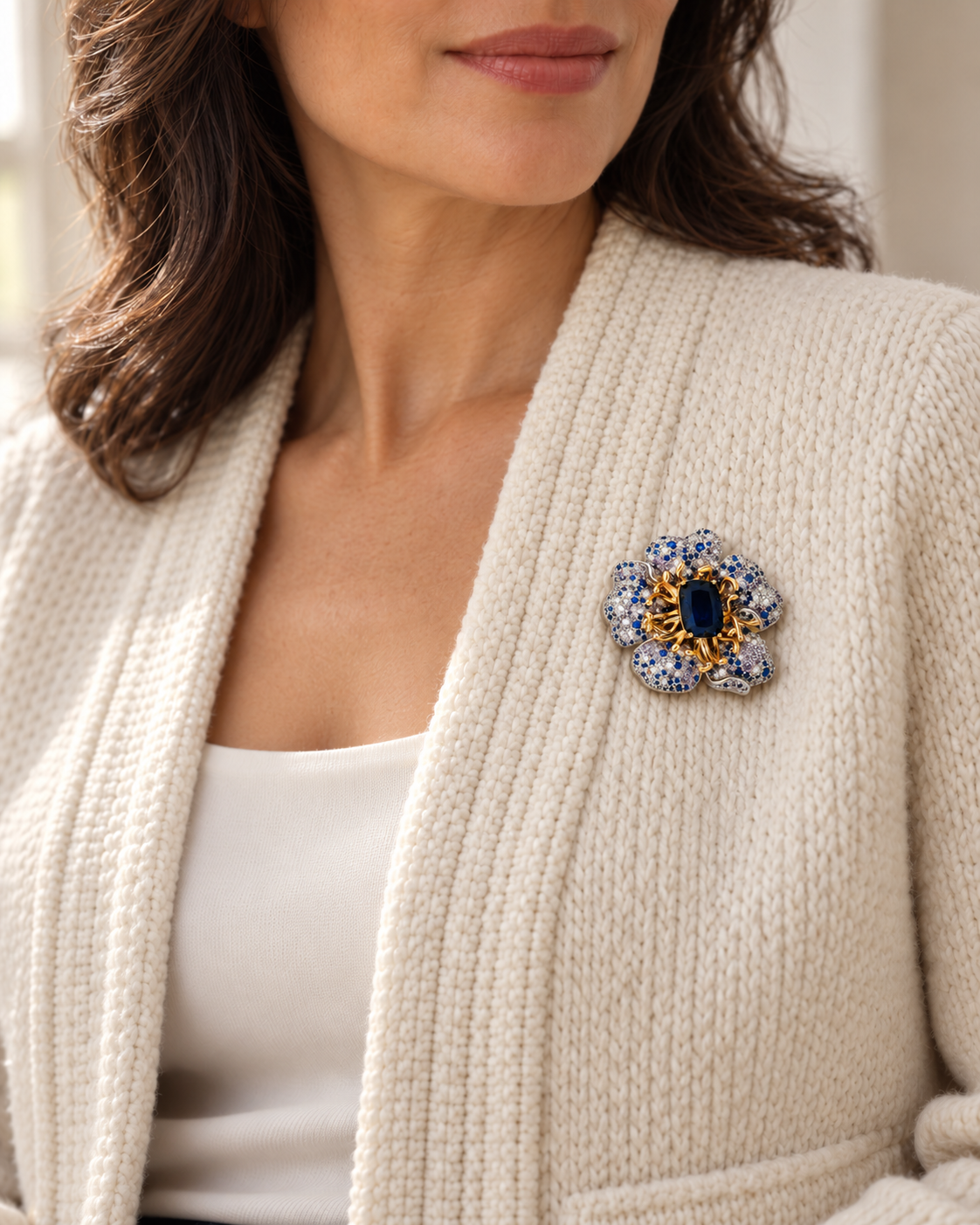 Sini Midnight Blue Crystal Flower Brooch worn on a cream knit cardigan