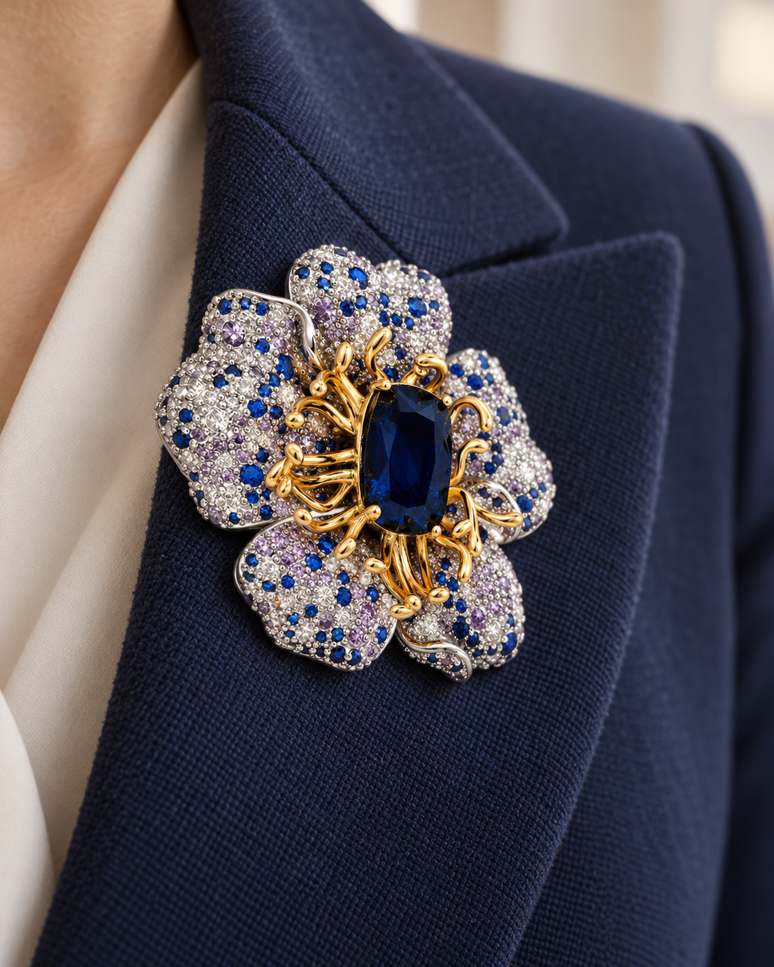 Sini Midnight Blue Crystal Flower Brooch on a navy lapel, close-up angled view