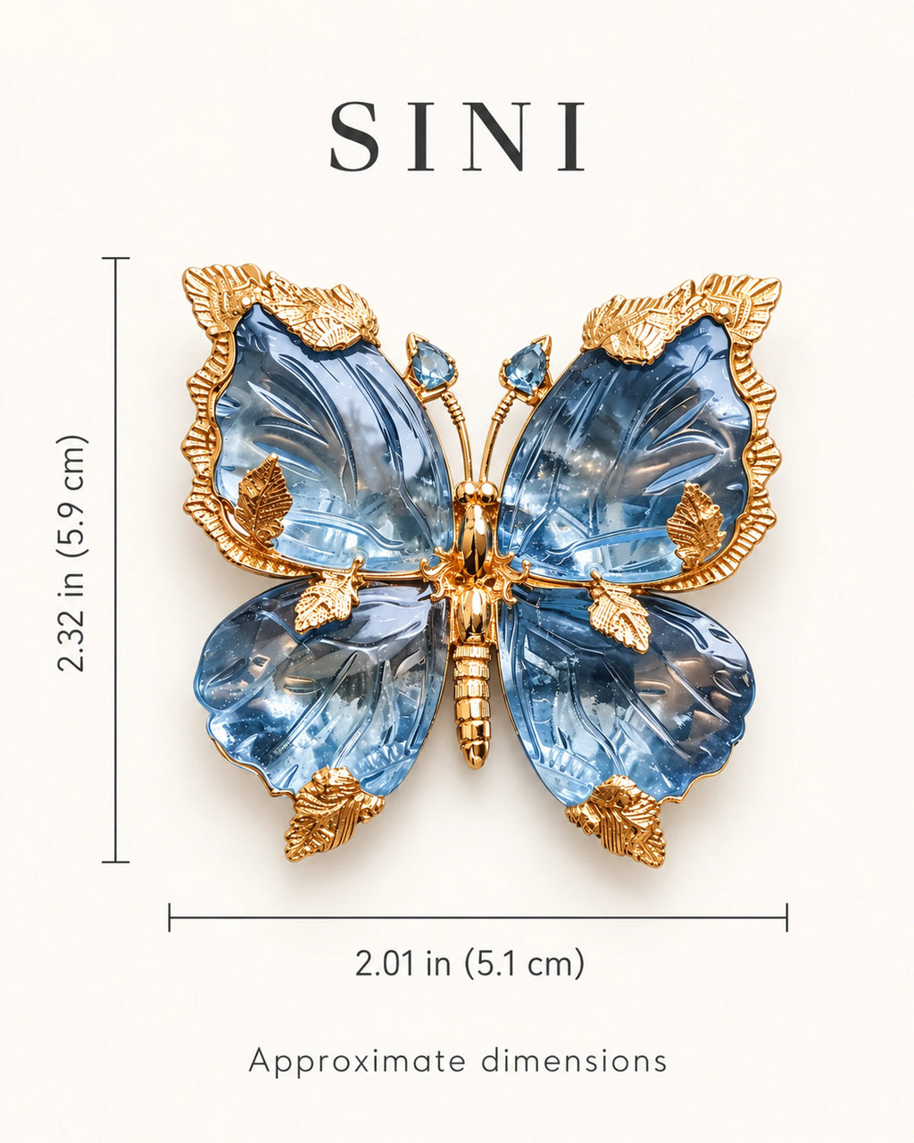 Sini butterfly brooch dimensions: approximately 2.01 inches wide by 2.32 inches high, or 5.1 by 5.9 cm.