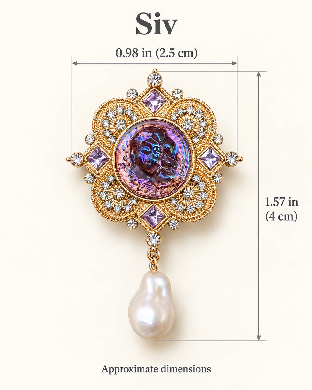Siv Purple Face Medallion Brooch — approximate width and height guide